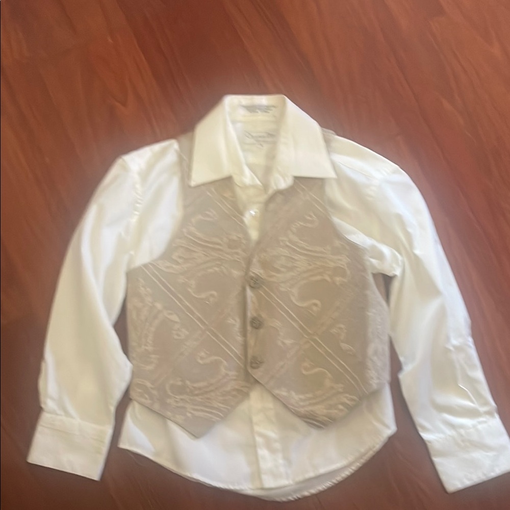 Elegant White Shirt with Tan Paisley Vest for kids size 8.